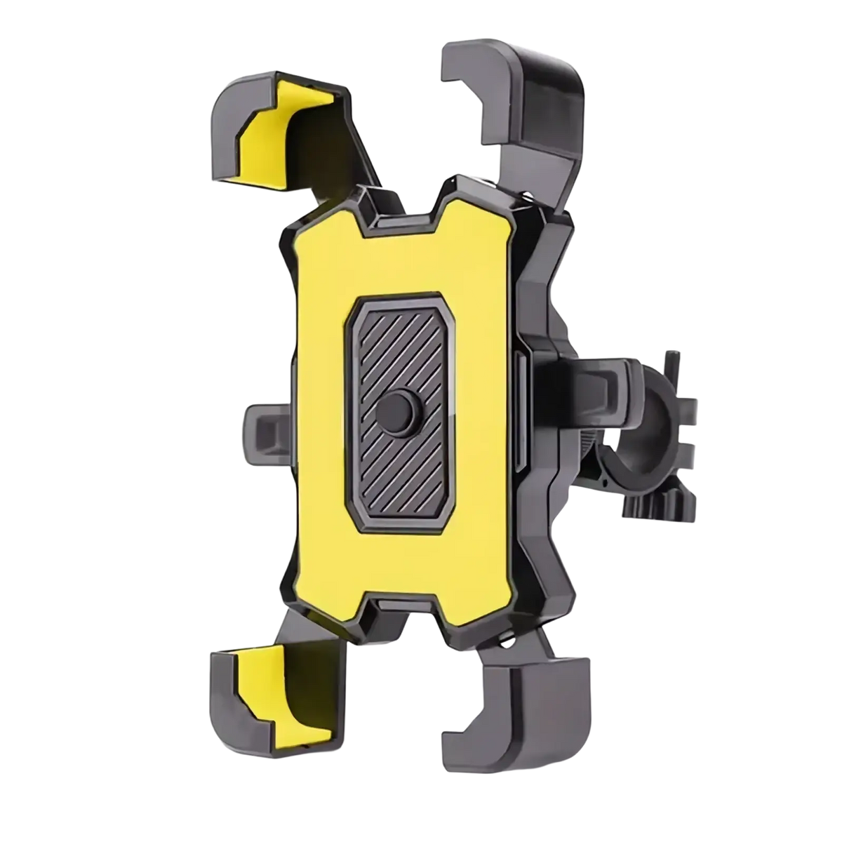 Yellow and black adjustable bicycle phone holder with rugged angular design and 360 rotatable mount for secure use
