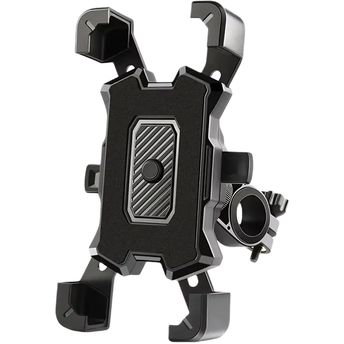 Black and silver adjustable bicycle phone mount with rugged angular design and 360 rotatable clamps for secure holding