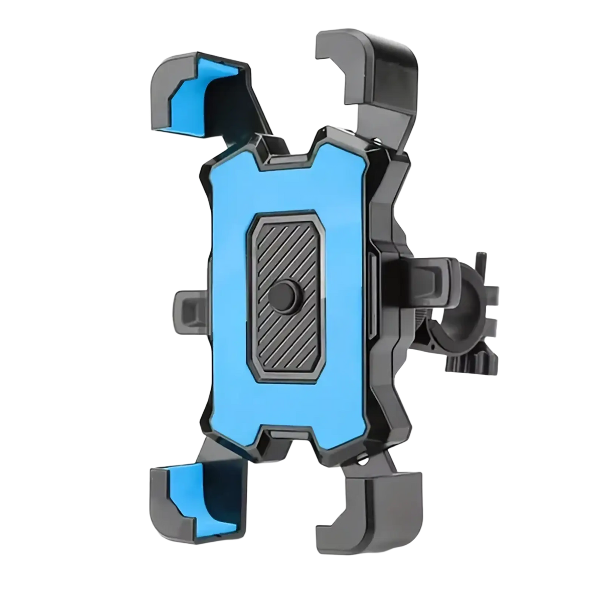 Adjustable bicycle phone mount 360 rotatable in blue and black with textured grip center for secure attachment