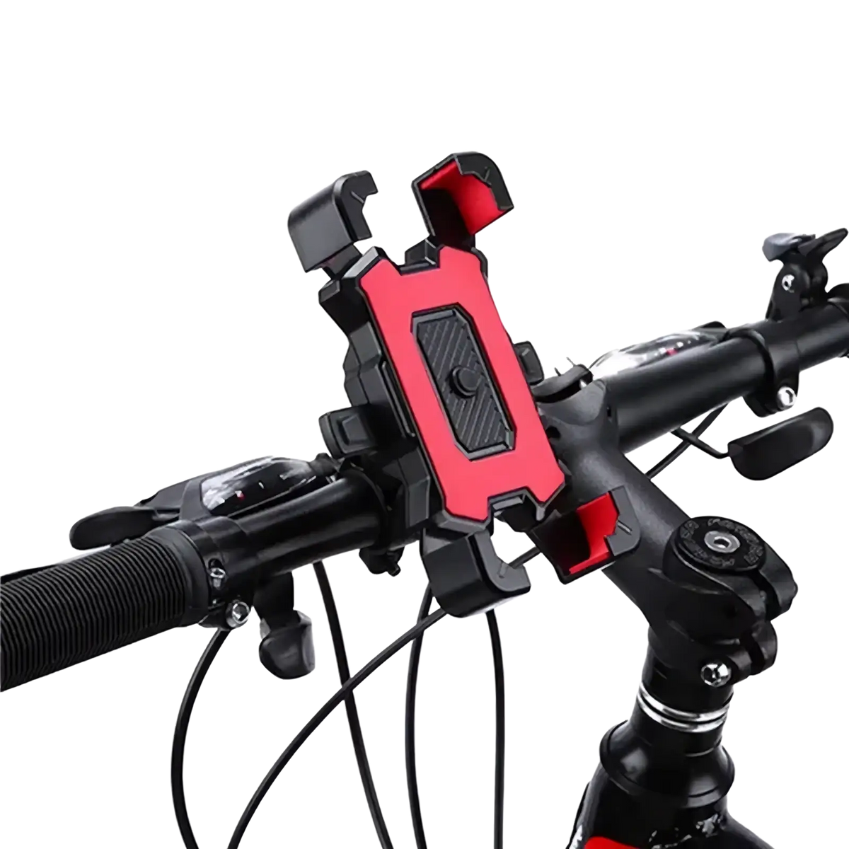 Adjustable bicycle phone mount 360 rotatable with red and black handlebar phone holder and textured grip area