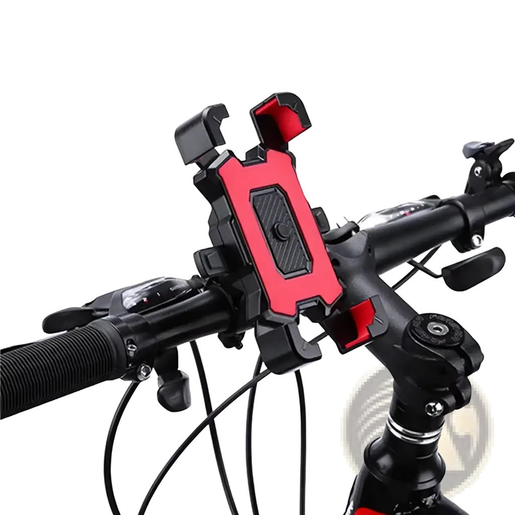 Adjustable bicycle phone mount 360 rotatable with red and black handlebar phone holder and textured grip area
