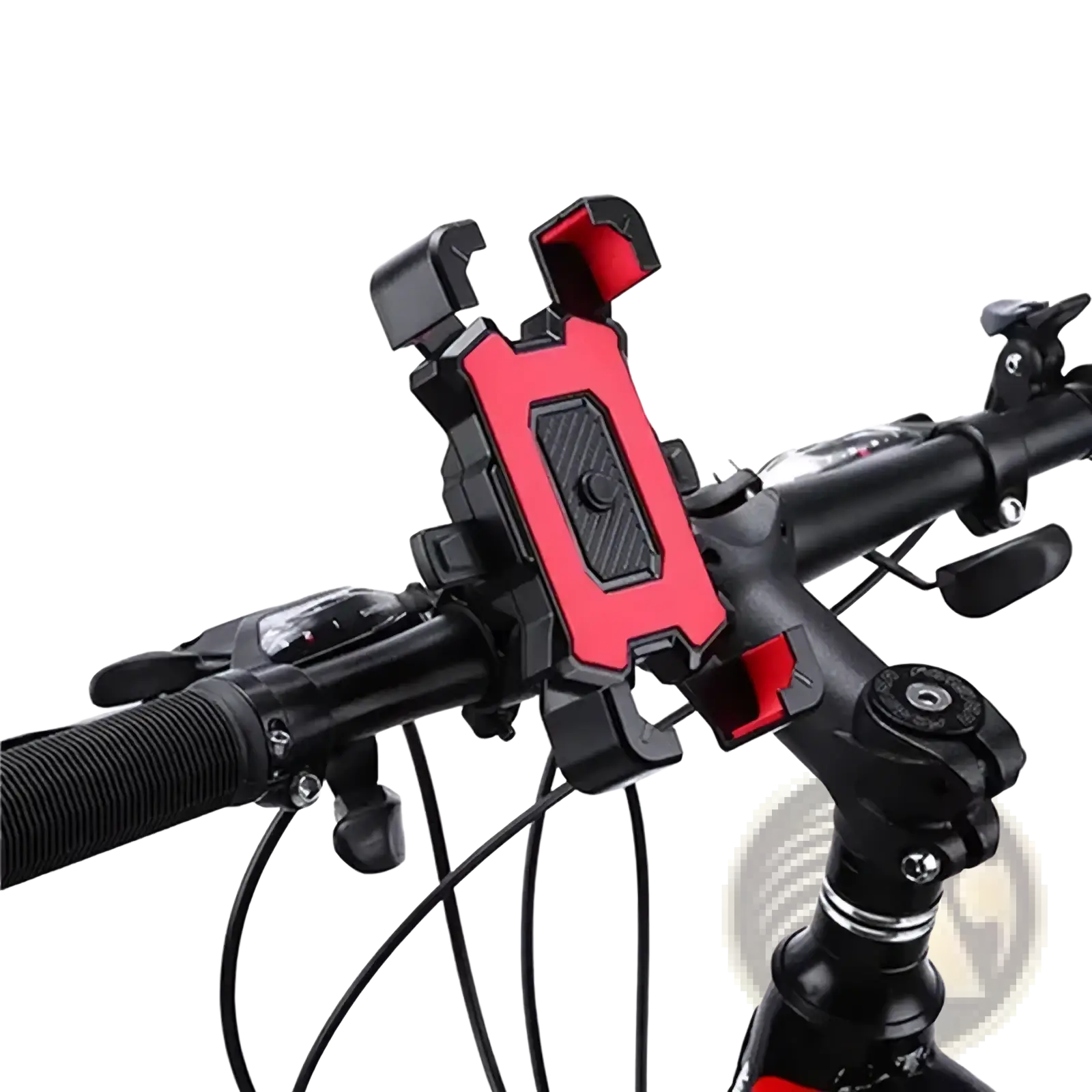 Adjustable bicycle phone mount 360 rotatable with red and black handlebar phone holder and textured grip area