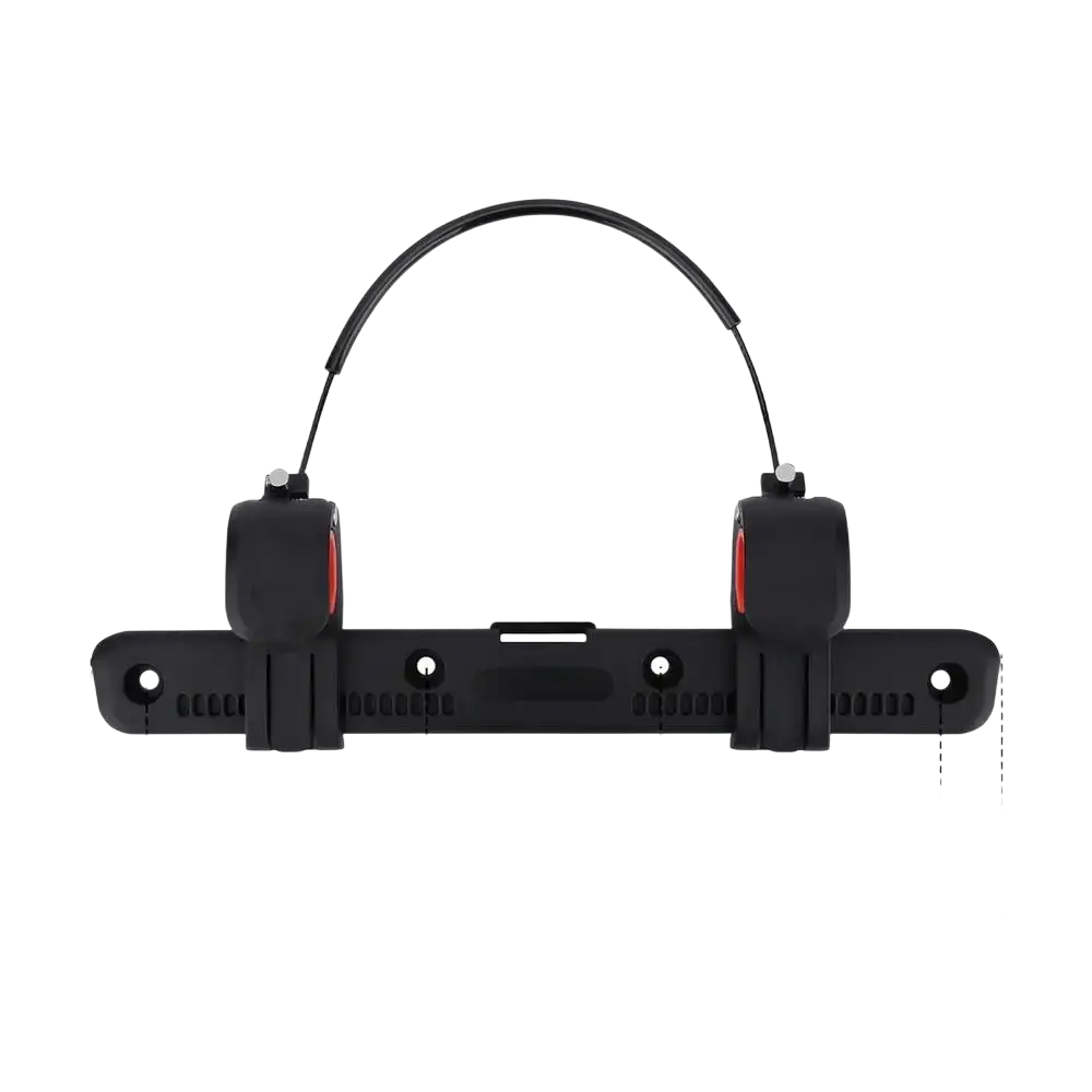 Adjustable bike pannier rack buckle clip in black with red accents featuring adjustable clamps for secure handlebar mounting