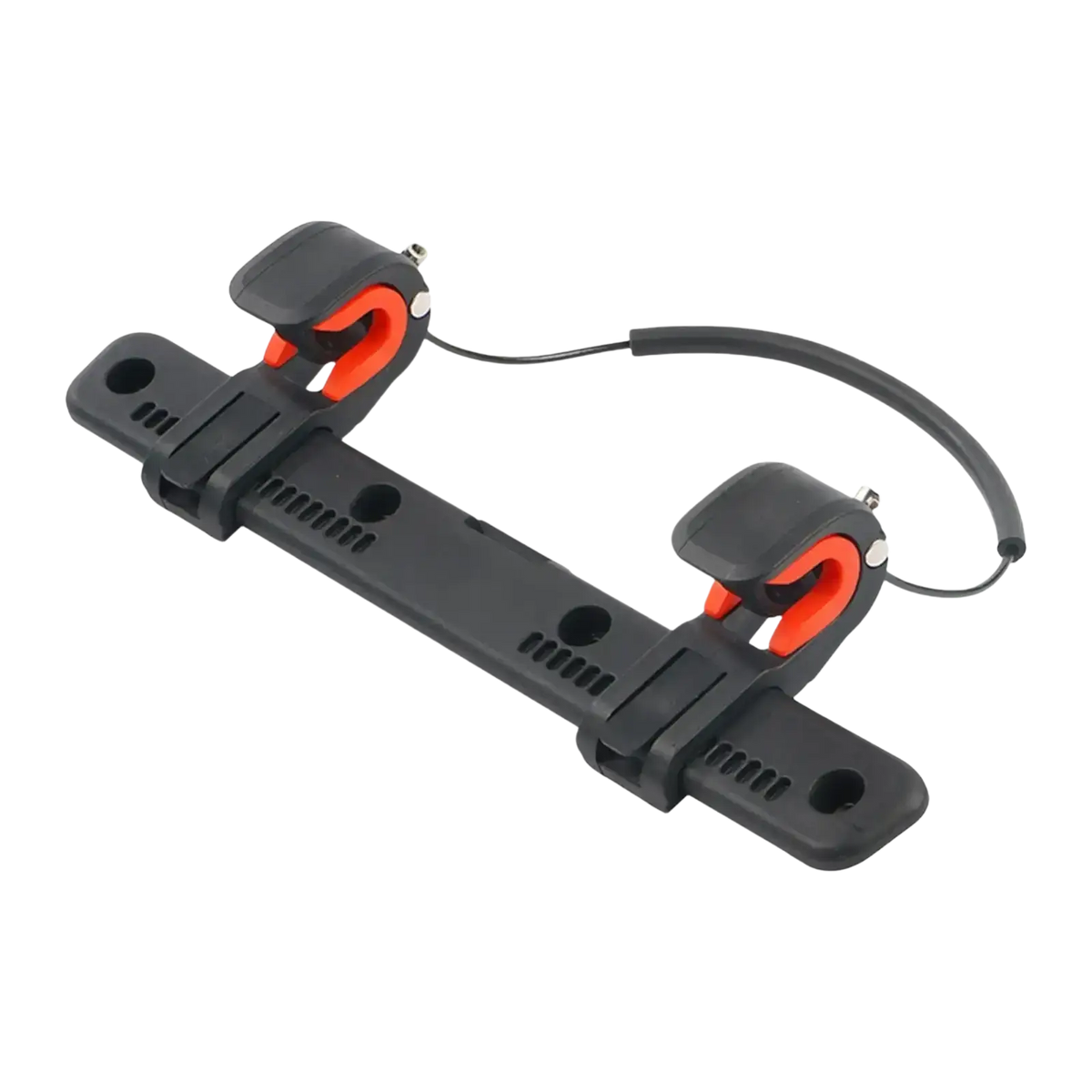 Adjustable black and orange bike pannier rack buckle clip with sturdy clamps for secure rack attachment
