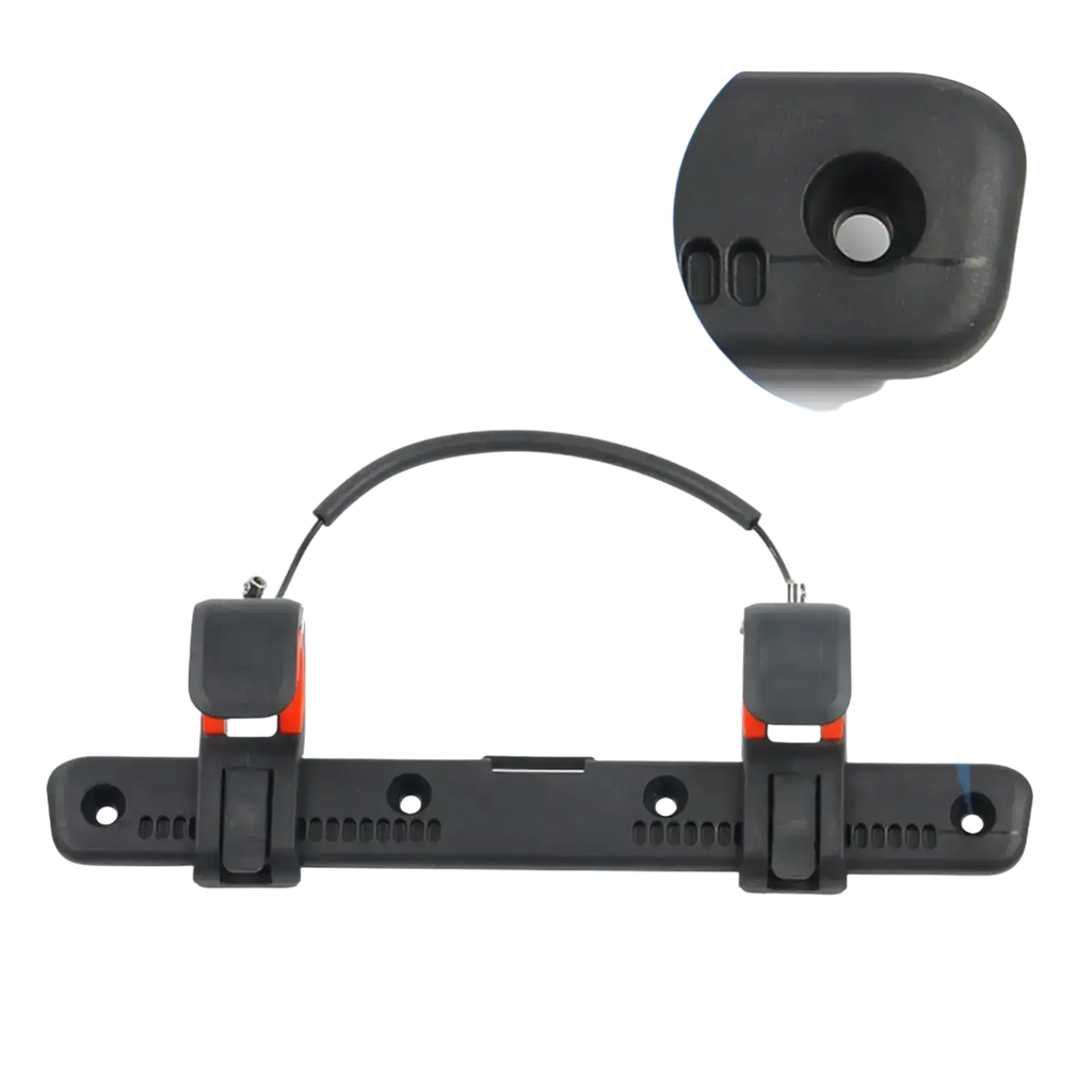 Adjustable black and orange bike pannier rack with buckle clip featuring clamps and central mounting bar for secure fit
