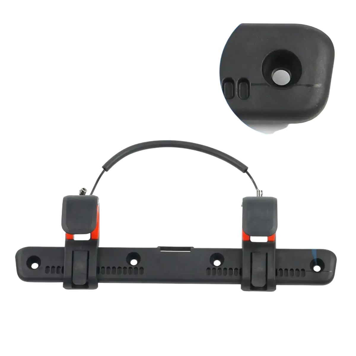 Adjustable black and orange bike pannier rack with buckle clip featuring clamps and central mounting bar for secure fit