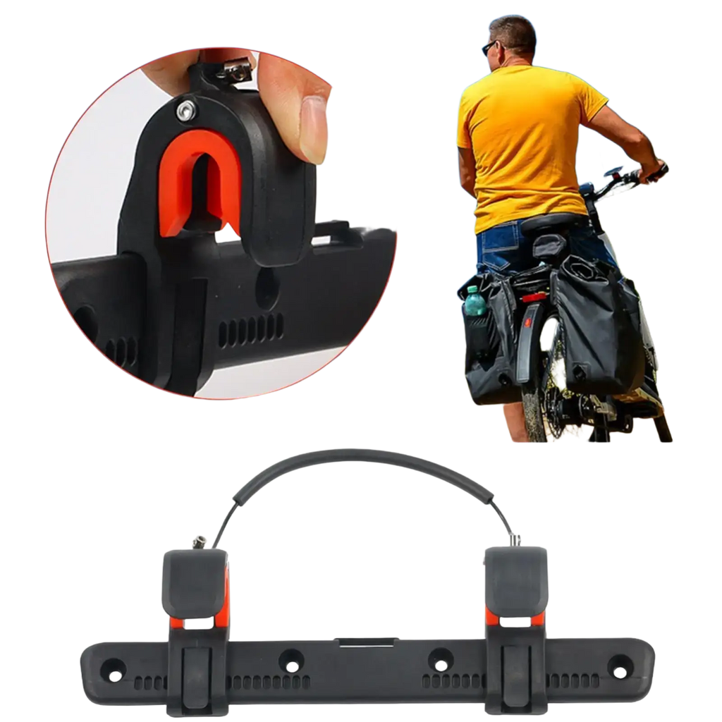 Adjustable bike pannier rack buckle clip in black and orange with adjustable clamps for secure frame attachment