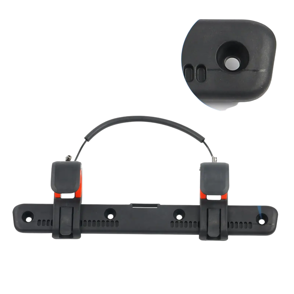 Adjustable bike pannier rack buckle clip in black plastic with orange accents and central cable for handlebar mounting