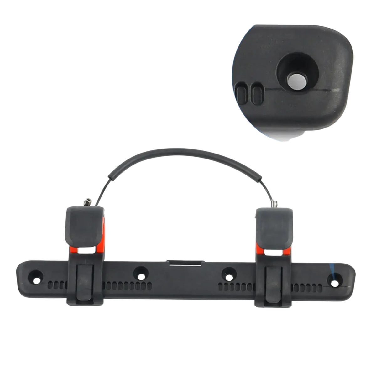 Adjustable bike pannier rack buckle clip in black plastic with orange accents and central cable for handlebar mounting