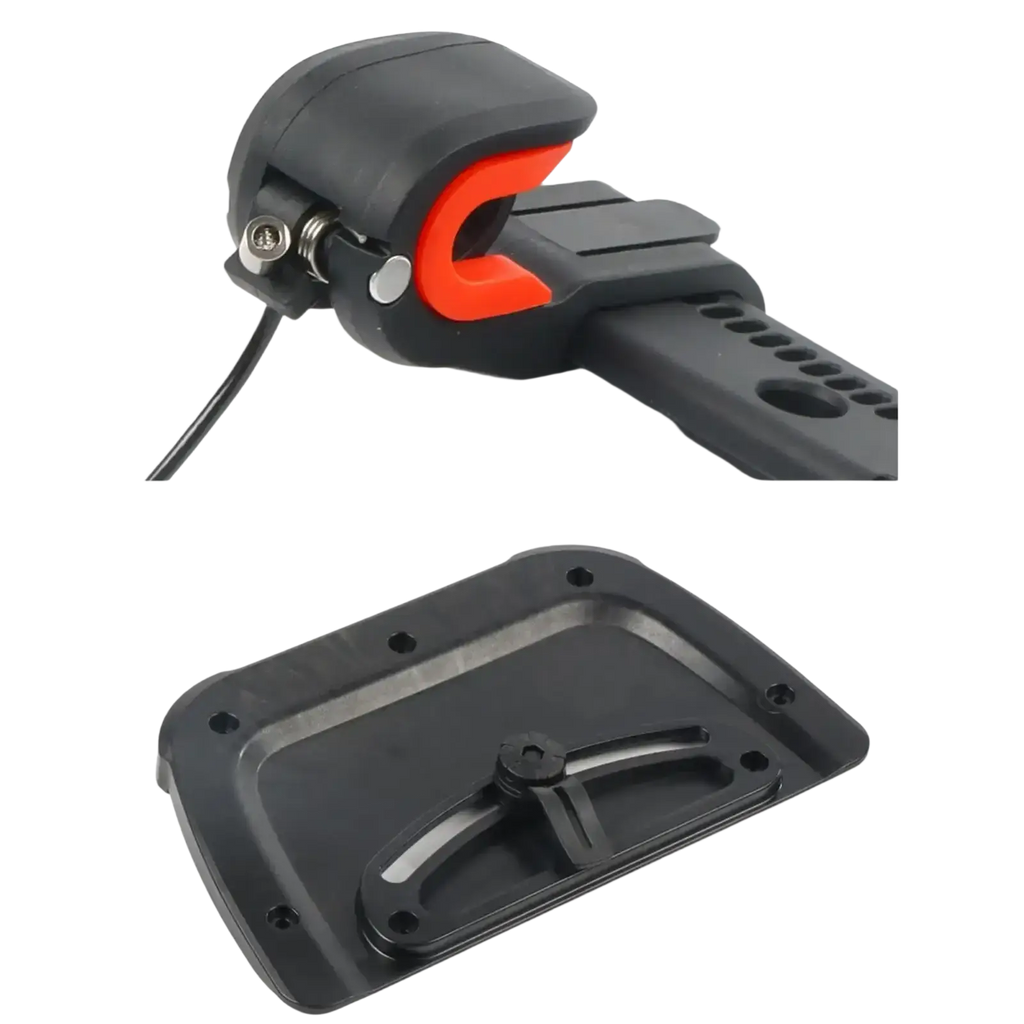 Adjustable black plastic bike pannier rack buckle clip with orange accent and matching base plate for secure mounting
