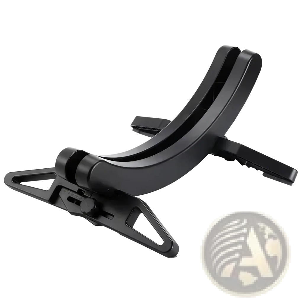 Black plastic adjustable bike parking stand and storage rack with a curved phone holder for secure mounting