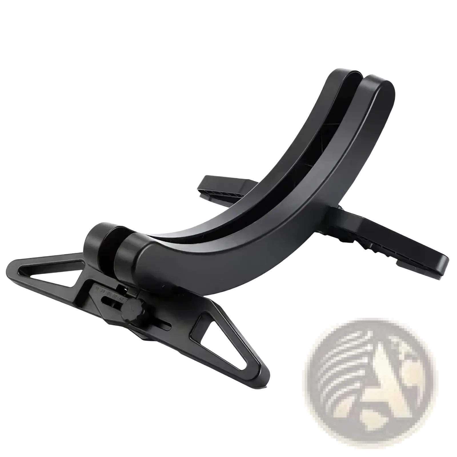 Black plastic adjustable bike parking stand and storage rack with a curved phone holder for secure mounting