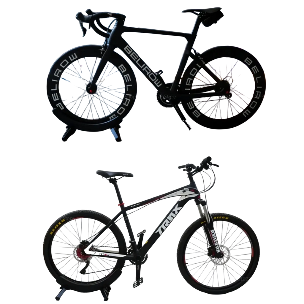 Adjustable bike parking stand and storage rack holding black belirow carbon fiber road bike with matching wheels against city skyline