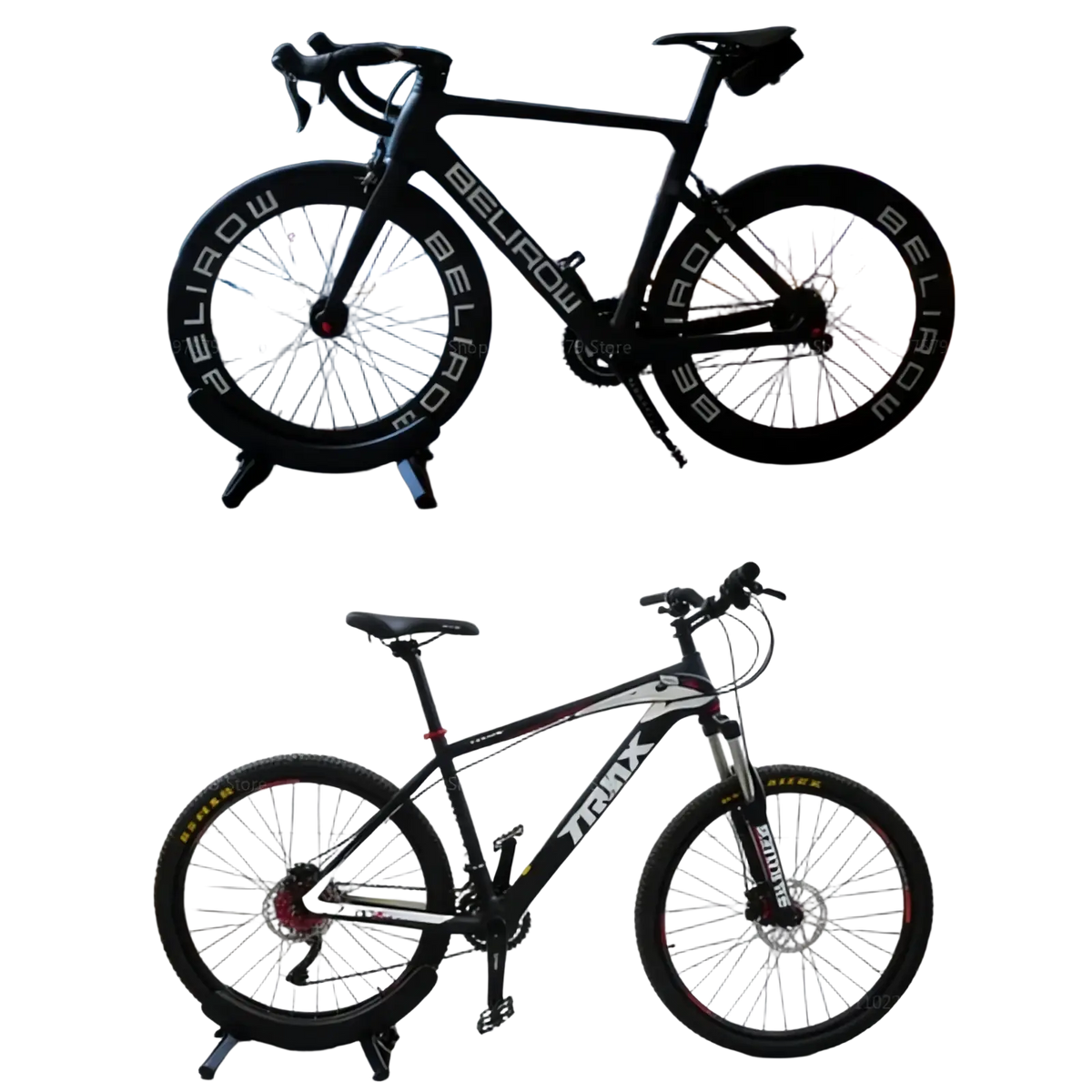 Adjustable bike parking stand and storage rack holding black belirow carbon fiber road bike with matching wheels against city skyline