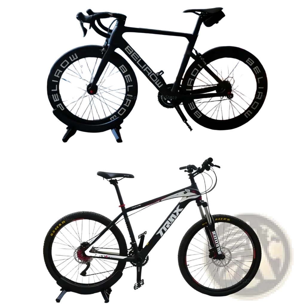 Adjustable bike parking stand and storage rack holding black belirow carbon fiber road bike with matching wheels against city skyline