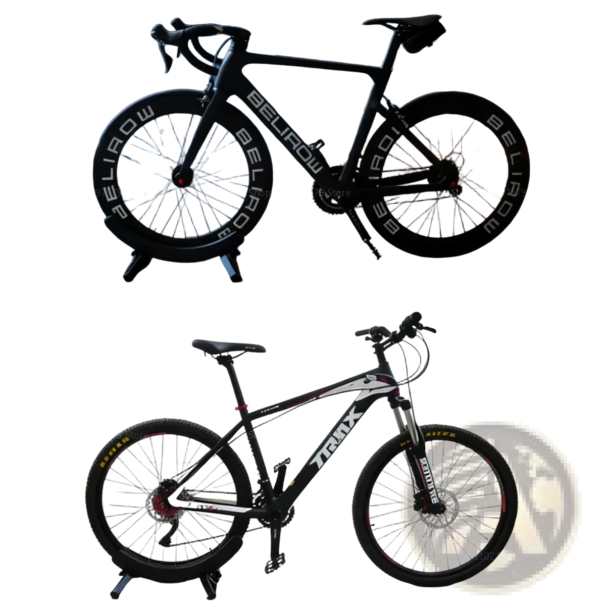 Adjustable bike parking stand and storage rack holding black belirow carbon fiber road bike with matching wheels against city skyline