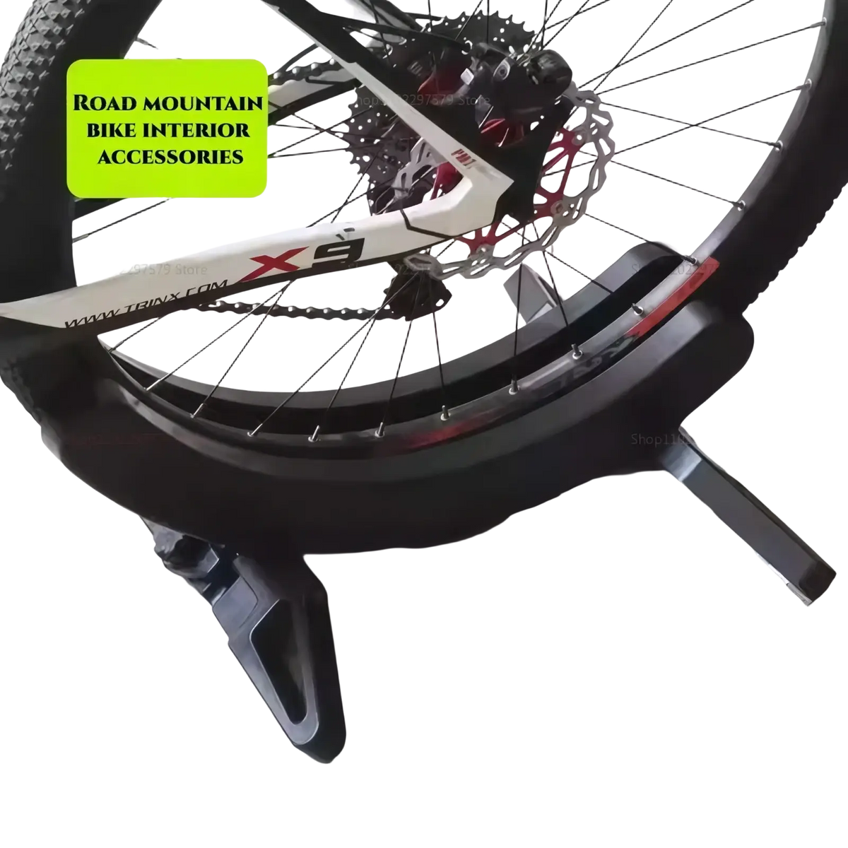 Adjustable black plastic bike parking stand with sturdy three-legged base and adjustable clamp for indoor cycling storage