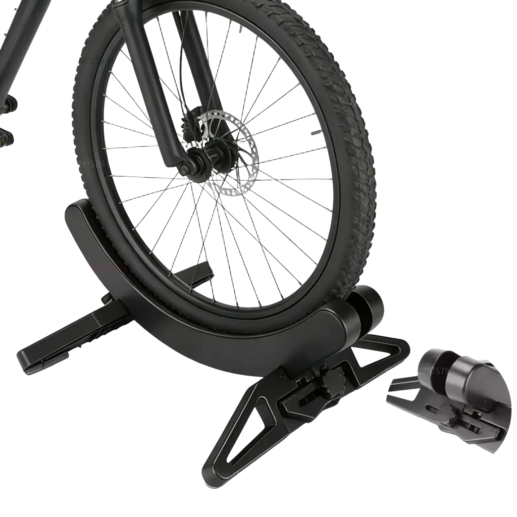 Black plastic adjustable bike parking stand with anti-slip stability for secure bicycle storage and parking