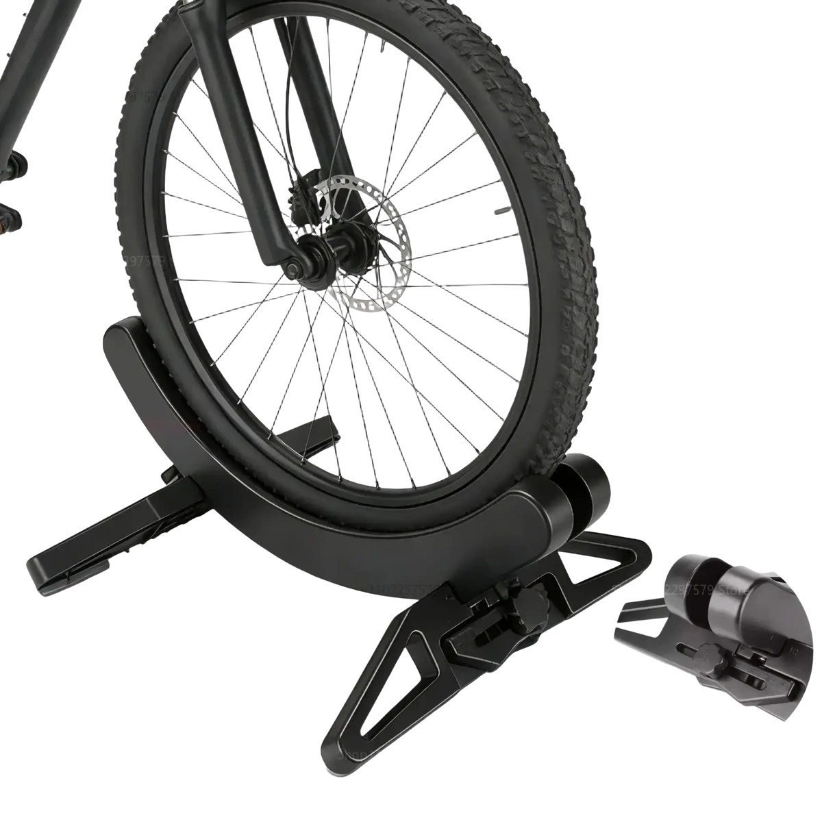 Black plastic adjustable bike parking stand with anti-slip stability for secure bicycle storage and parking