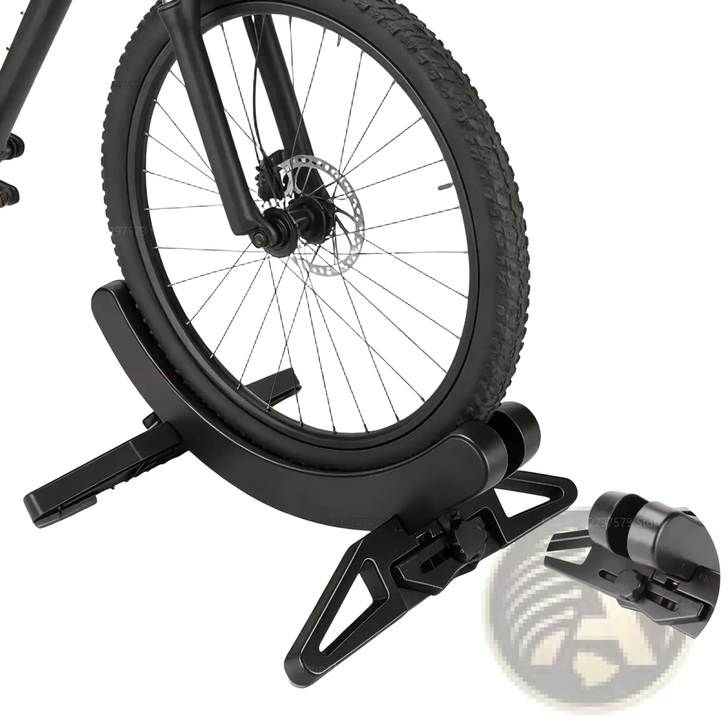 Black plastic adjustable bike parking stand with anti-slip stability for secure bicycle storage and parking