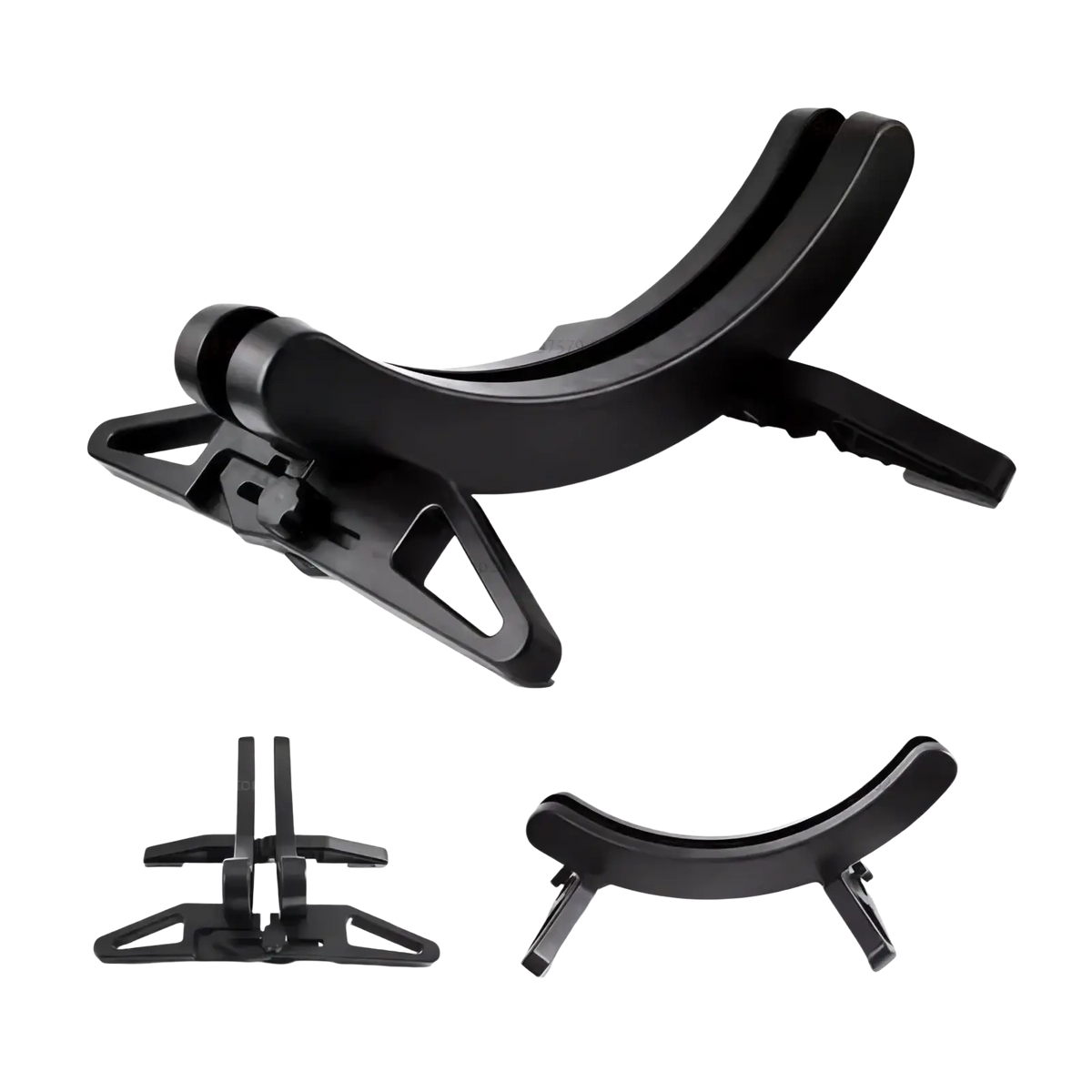 Black plastic adjustable bike parking stand with curved design and adjustable clamps for secure bike storage