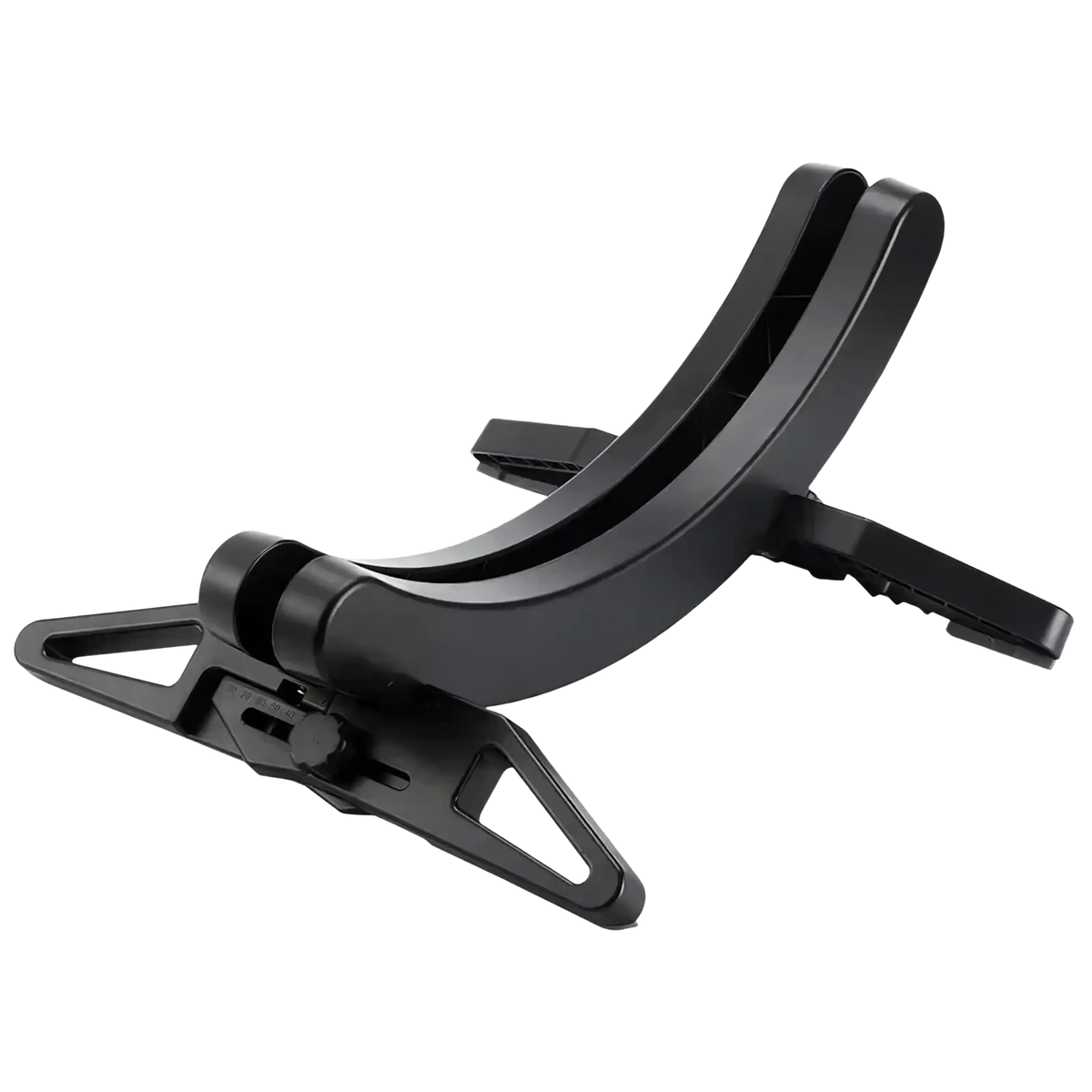 Black plastic adjustable bike parking stand and storage rack with a curved phone holder for secure mounting
