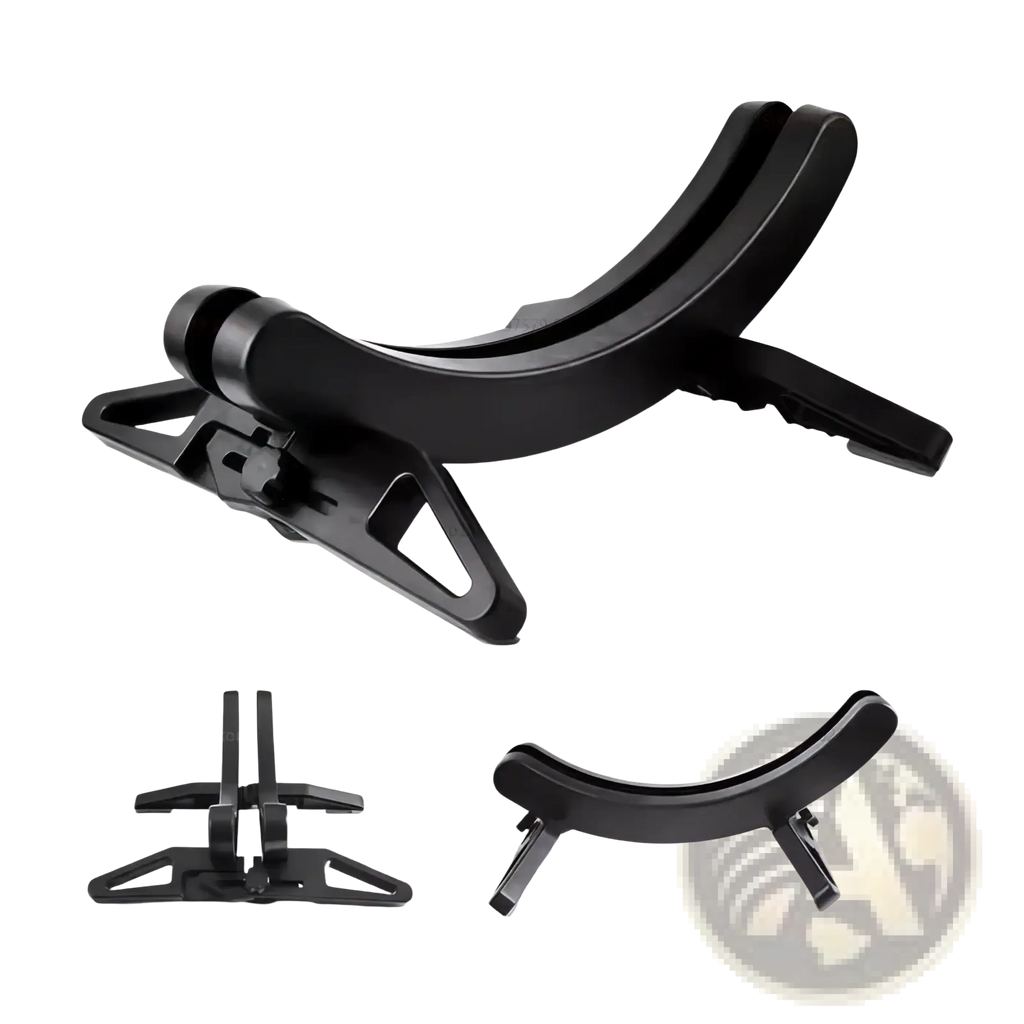 Black plastic adjustable bike parking stand with curved design and adjustable clamps for secure bike storage
