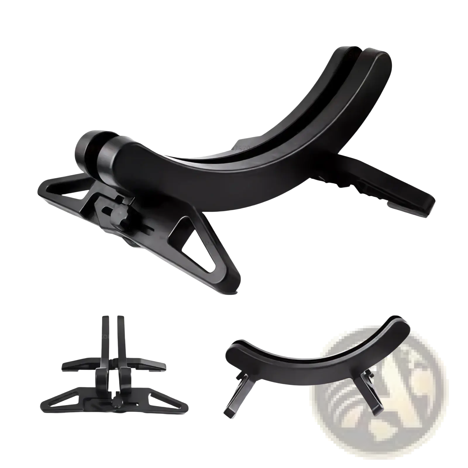 Black plastic adjustable bike parking stand with curved design and adjustable clamps for secure bike storage