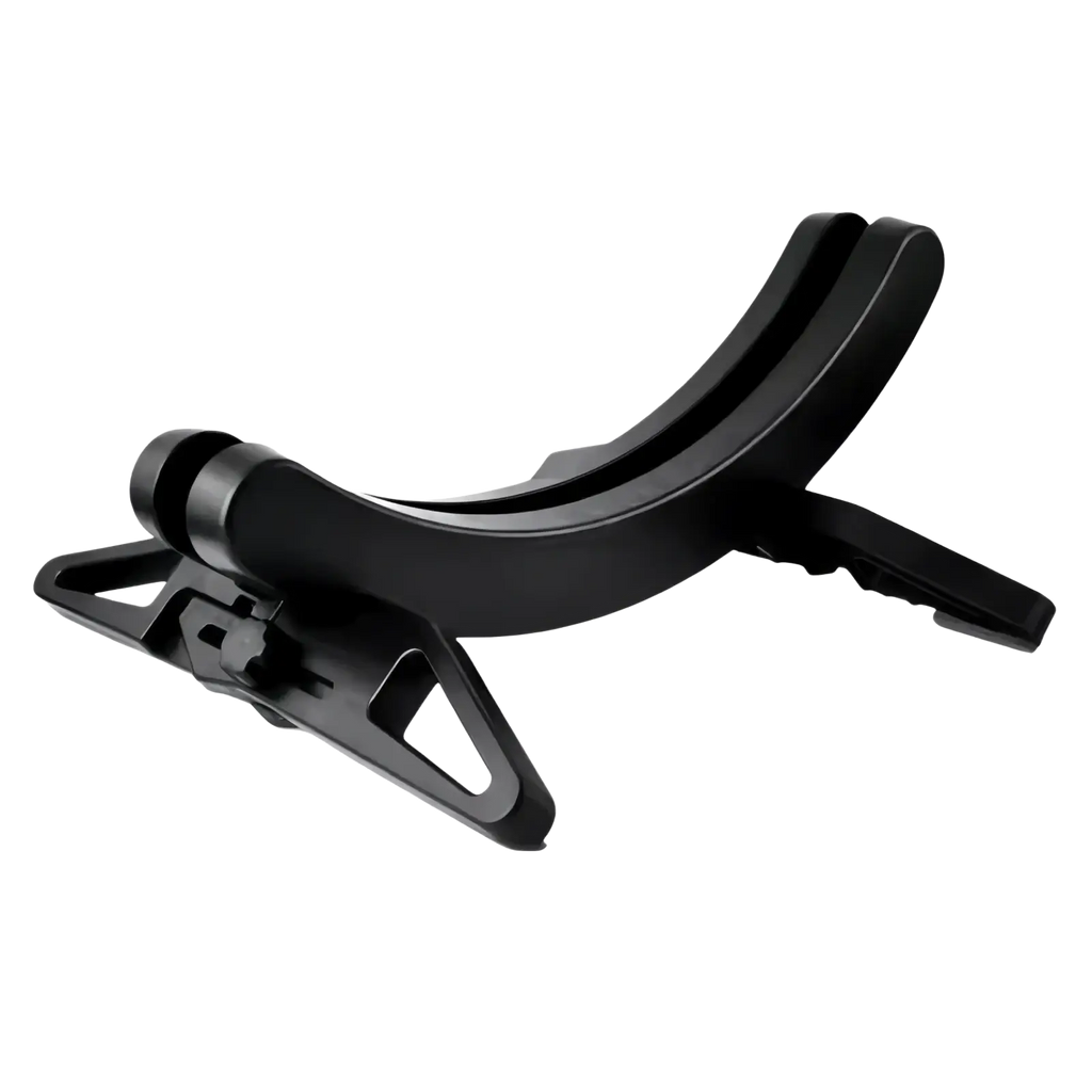Black plastic adjustable bike parking stand with curved support and clamp for secure storage and parking