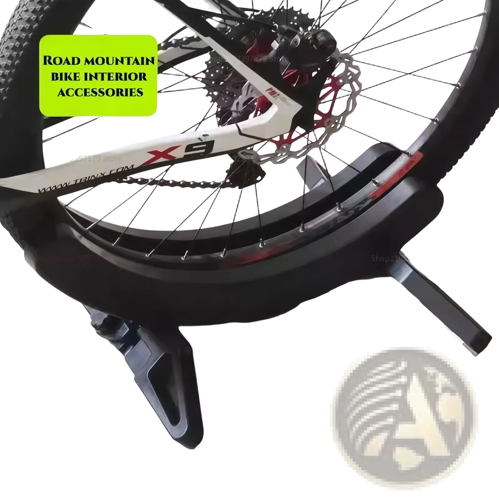 Adjustable black plastic bike parking stand with sturdy three-legged base and adjustable clamp for indoor cycling storage