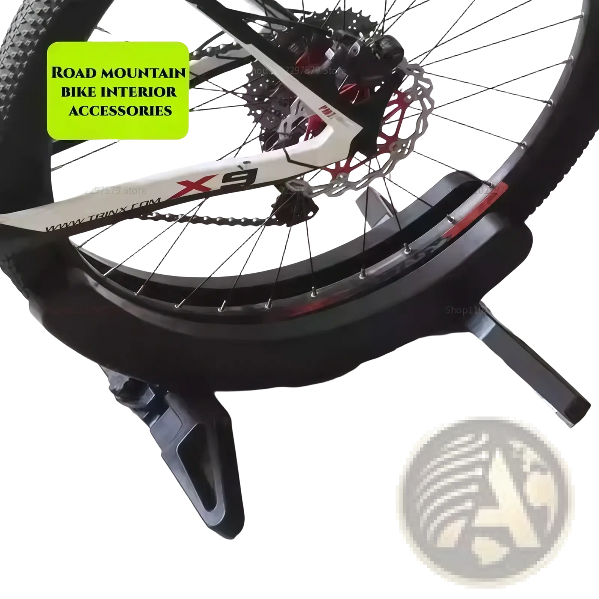 Adjustable black plastic bike parking stand with sturdy three-legged base and adjustable clamp for indoor cycling storage