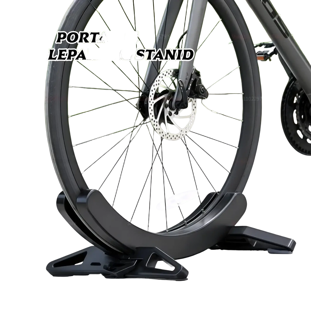 Black adjustable steel bike parking stand holding a bike wheel for secure storage and parking