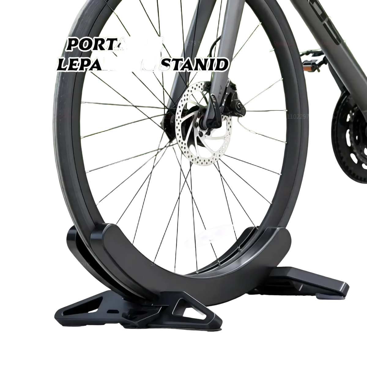 Black adjustable steel bike parking stand holding a bike wheel for secure storage and parking