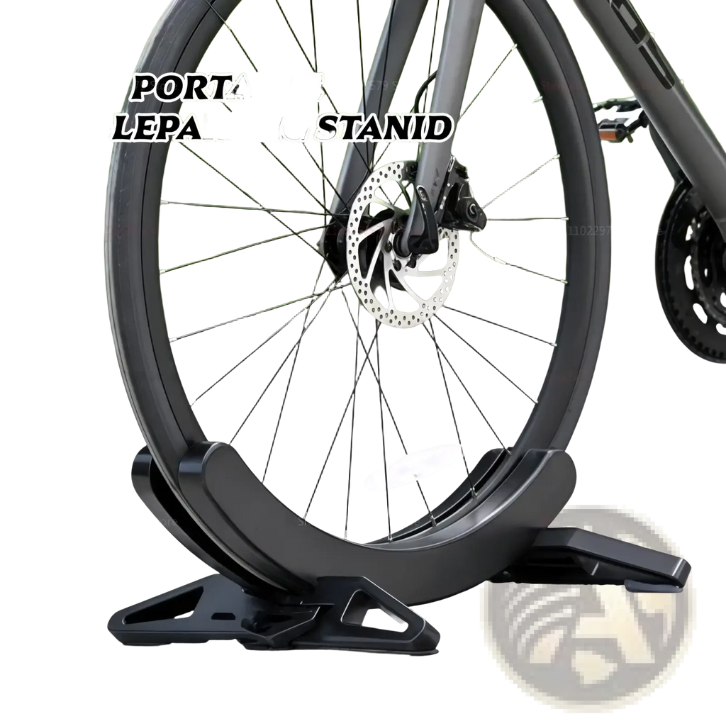 Black adjustable steel bike parking stand holding a bike wheel for secure storage and parking
