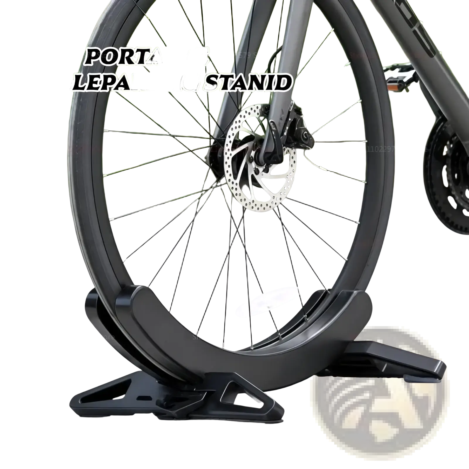 Black adjustable steel bike parking stand holding a bike wheel for secure storage and parking