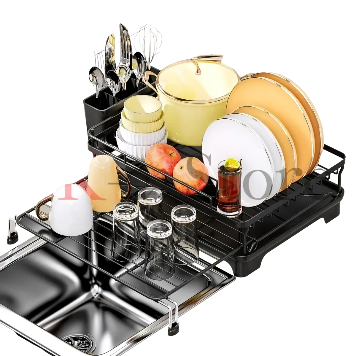 Adjustable black metal dish drying rack with multiple tiers and built-in utensil holder holding plates cups bowls and cutlery