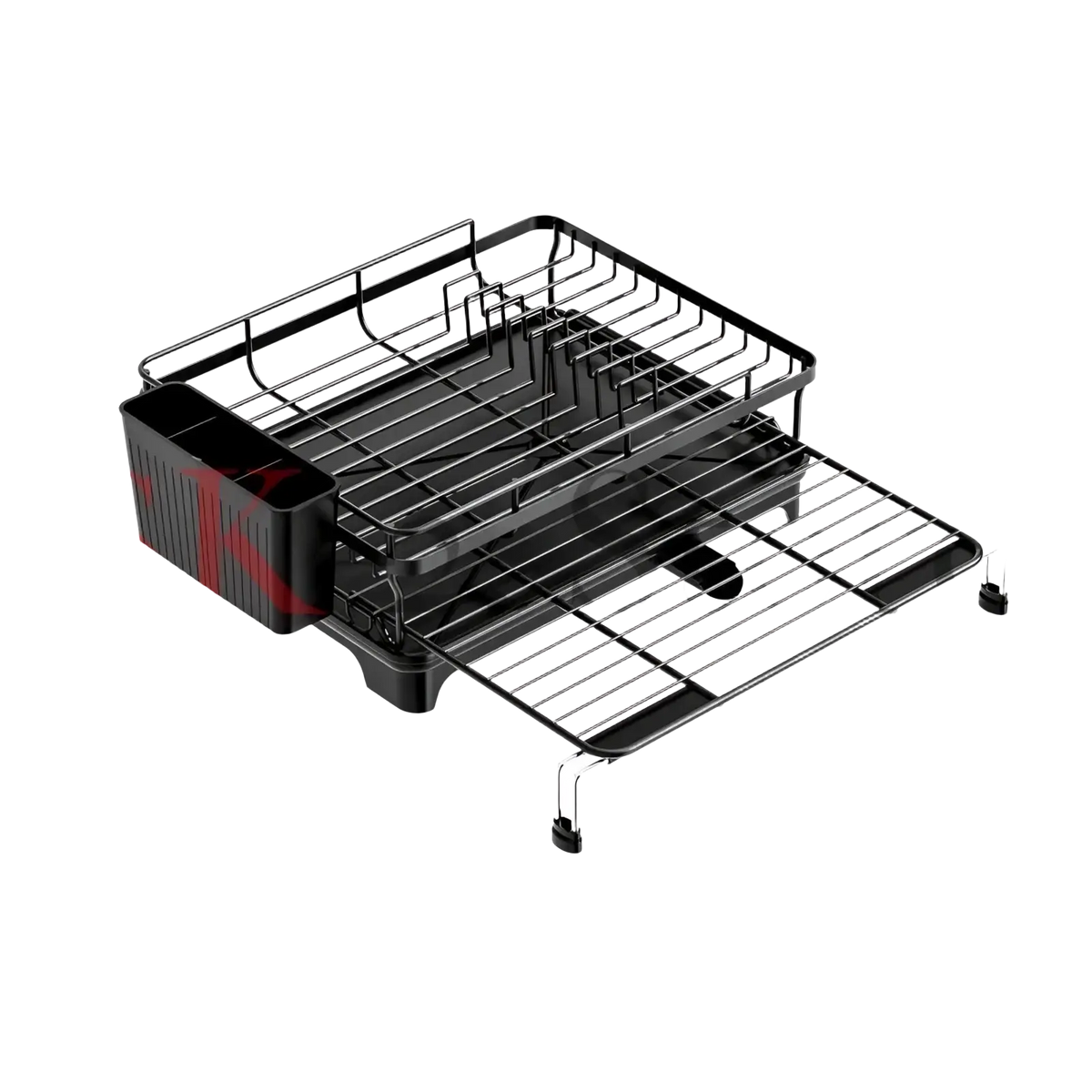 Adjustable black metal dish drying rack with telescoping legs and side compartment for efficient dish organization