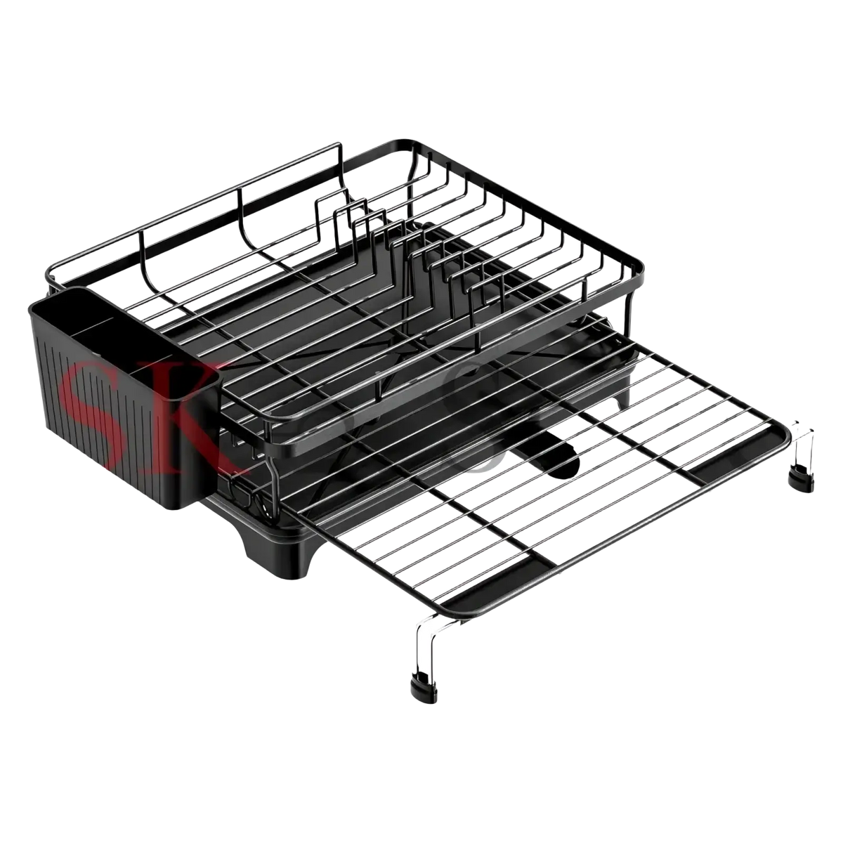 Adjustable black metal dish drying rack with pull-out lower shelf and integrated sink compartment for kitchen use