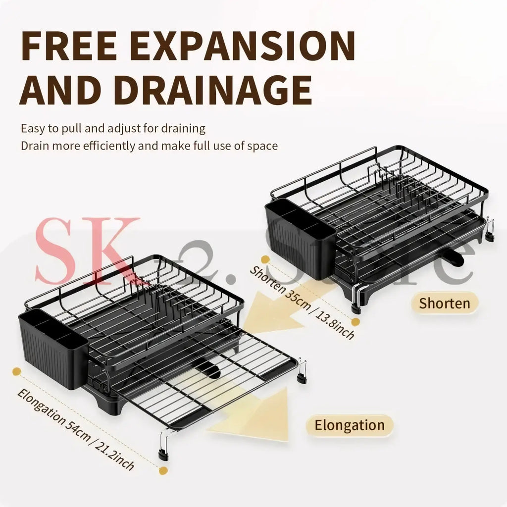 Adjustable black metal dish drying rack with adjustable grid and built-in container for efficient drying