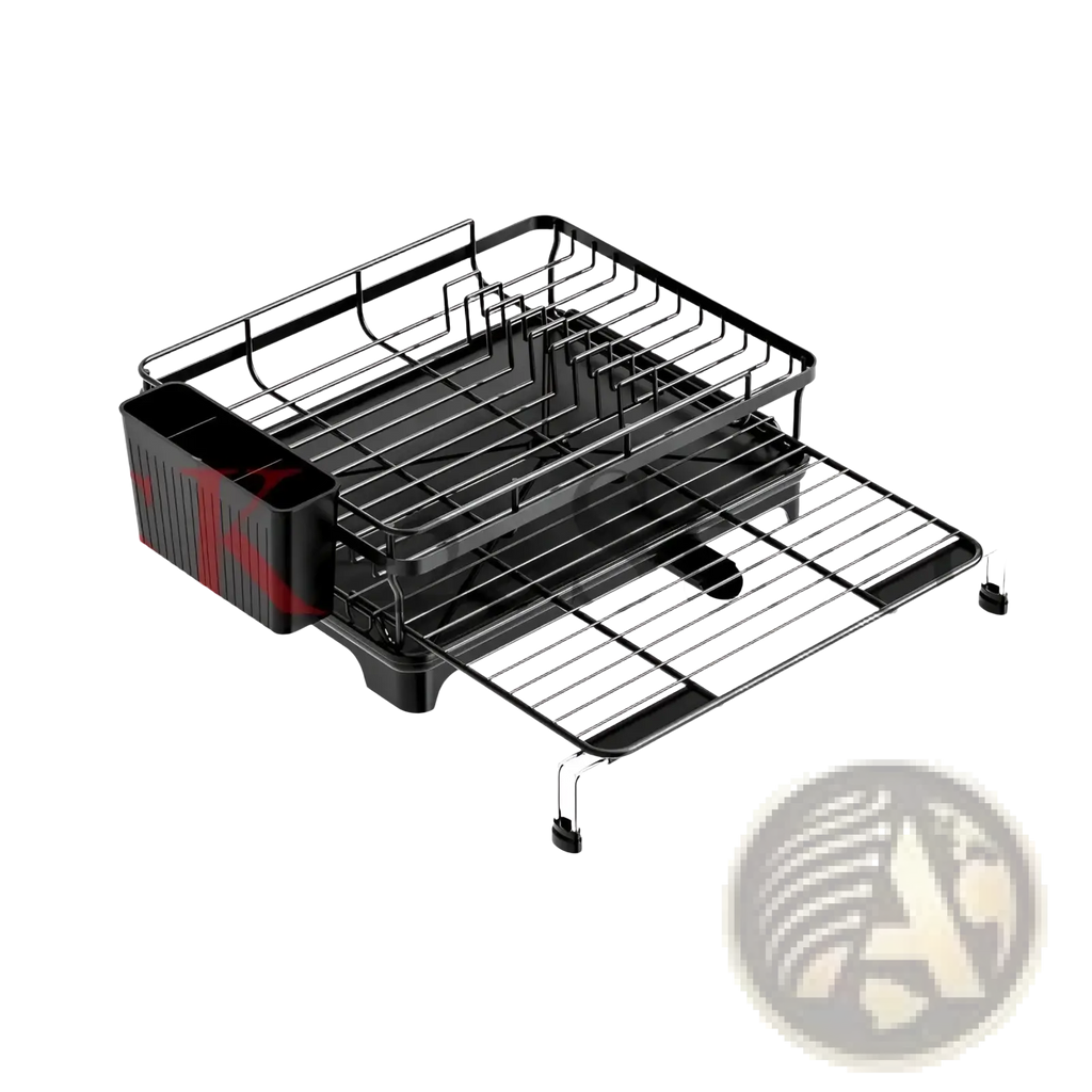 Adjustable black metal dish drying rack with telescoping legs and side compartment for efficient dish organization