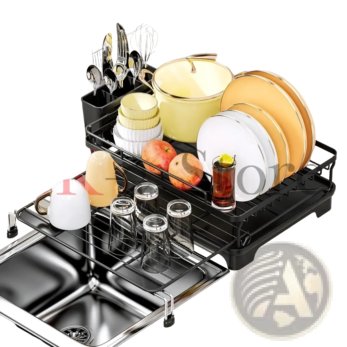 Adjustable black metal dish drying rack with multiple tiers and built-in utensil holder holding plates cups bowls and cutlery
