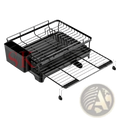 Adjustable black metal dish drying rack with pull-out lower shelf and integrated sink compartment for kitchen use