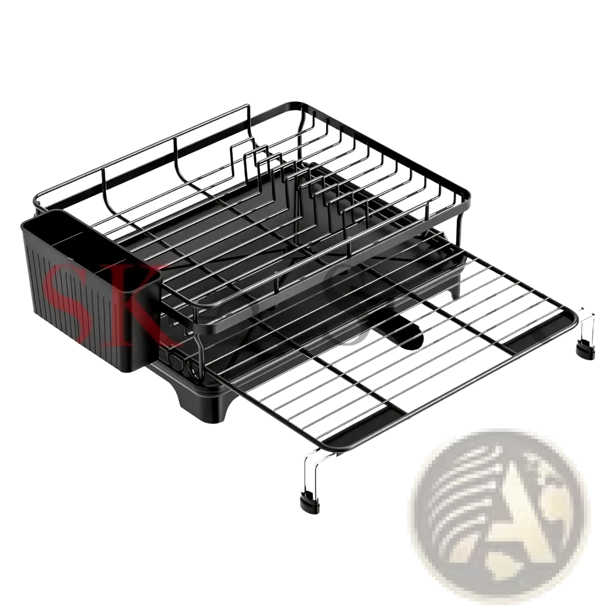 Adjustable black metal dish drying rack with pull-out lower shelf and integrated sink compartment for kitchen use