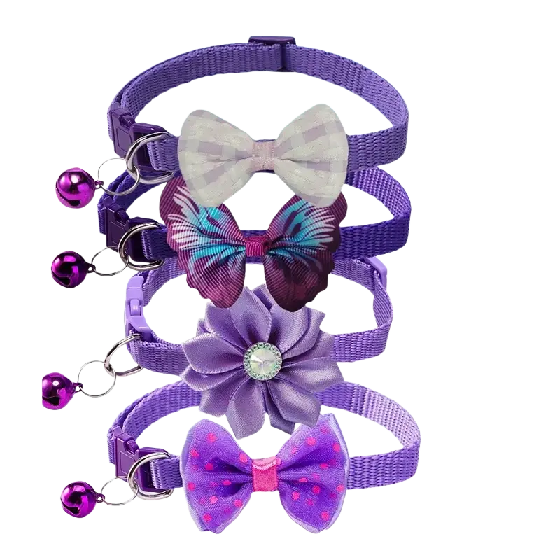 Adjustable purple woven bow cat collars with bell featuring decorative flower and bow centerpieces for pets