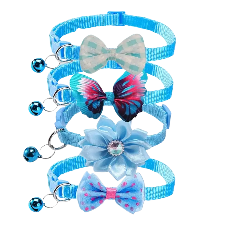 Set of four adjustable blue bow cat collars with bell featuring decorative bow and flower charms