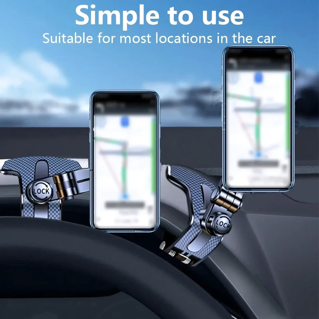Adjustable car phone mount with carbon fiber texture and metallic clamps with lock buttons for secure steering wheel attachment
