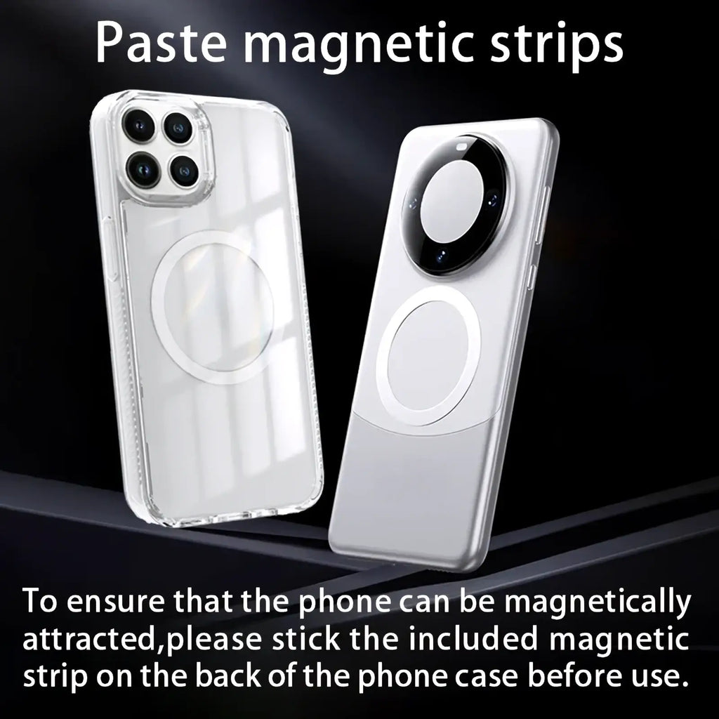 Adjustable car phone mount dashboard navigation holder with clear and silver magnetic phone cases and circular charging pads