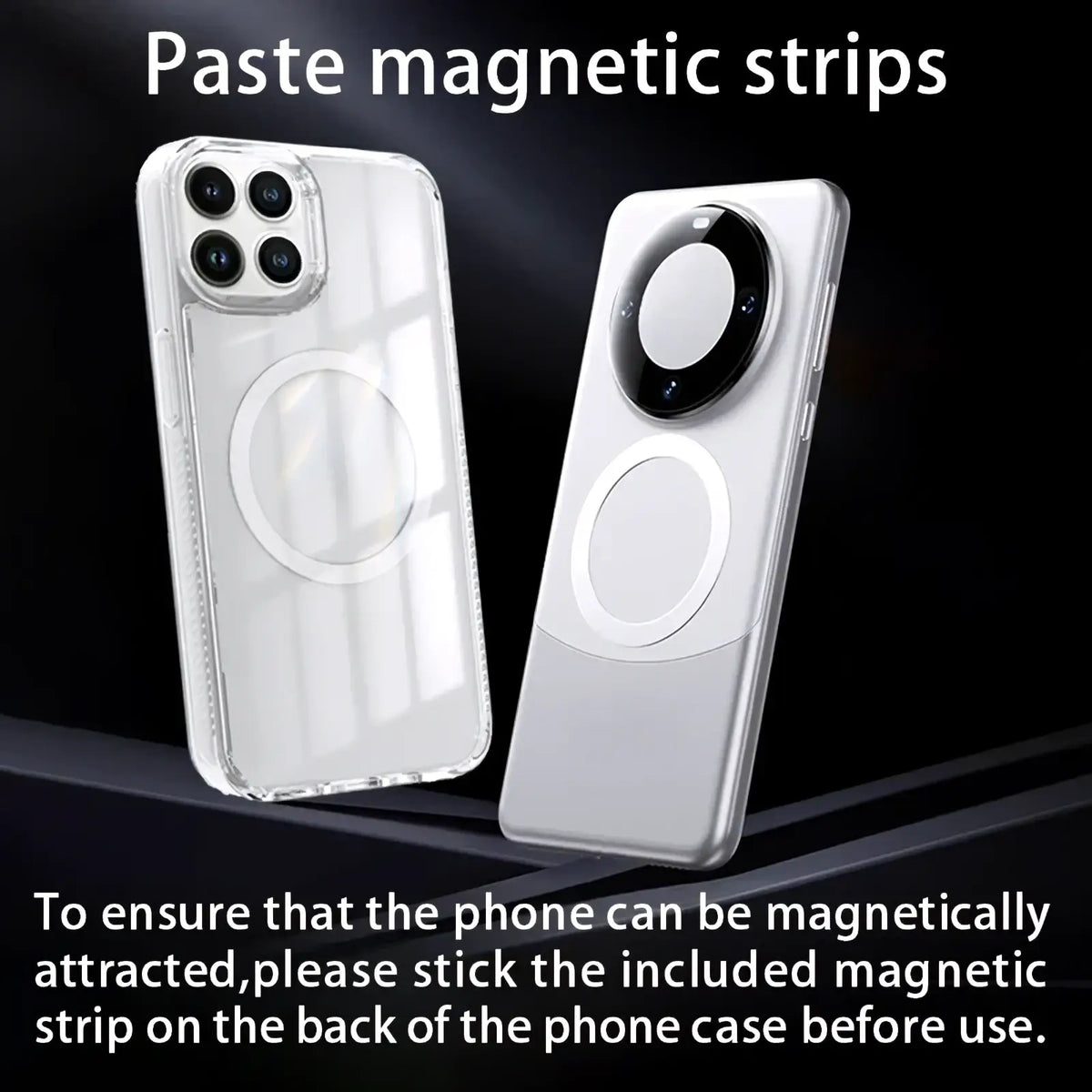 Adjustable car phone mount dashboard navigation holder with clear and silver magnetic phone cases and circular charging pads