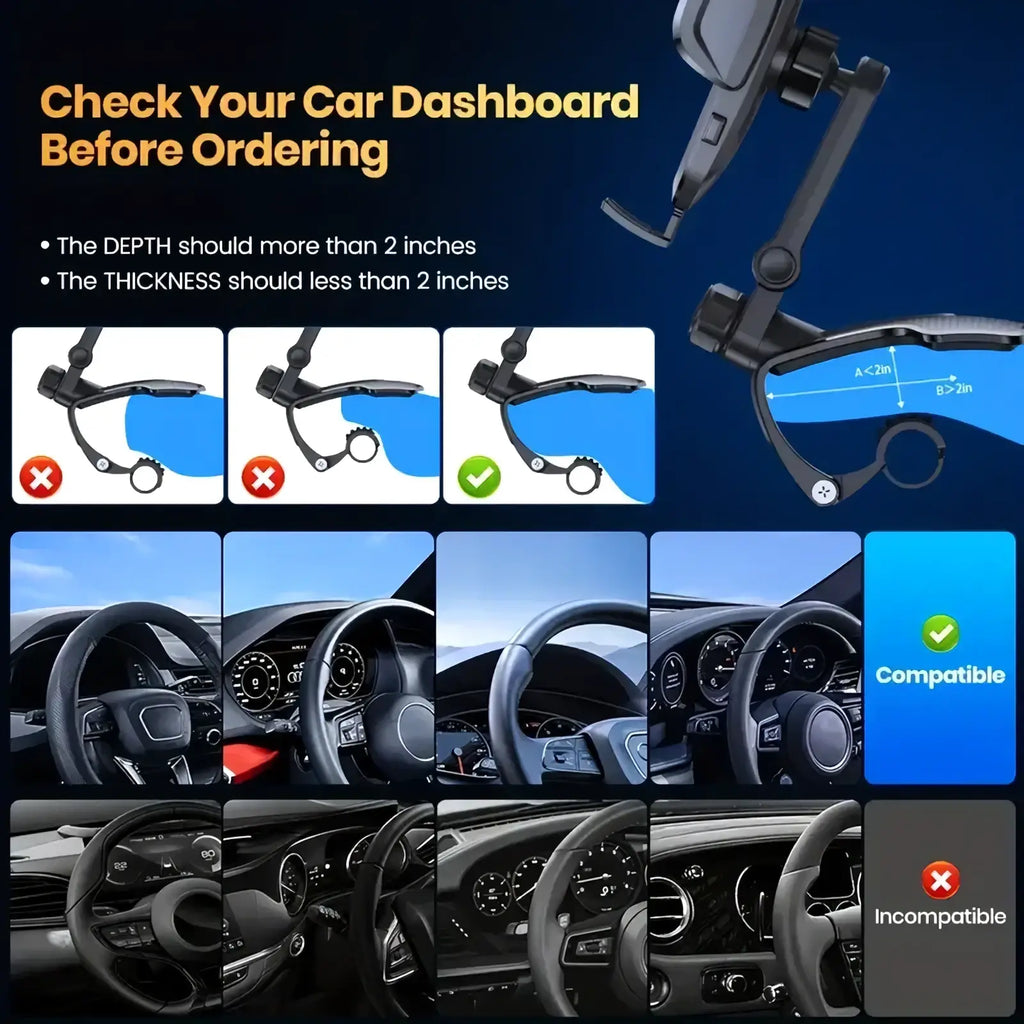 Black plastic adjustable car phone mount with clamp and arms for secure dashboard navigation holding