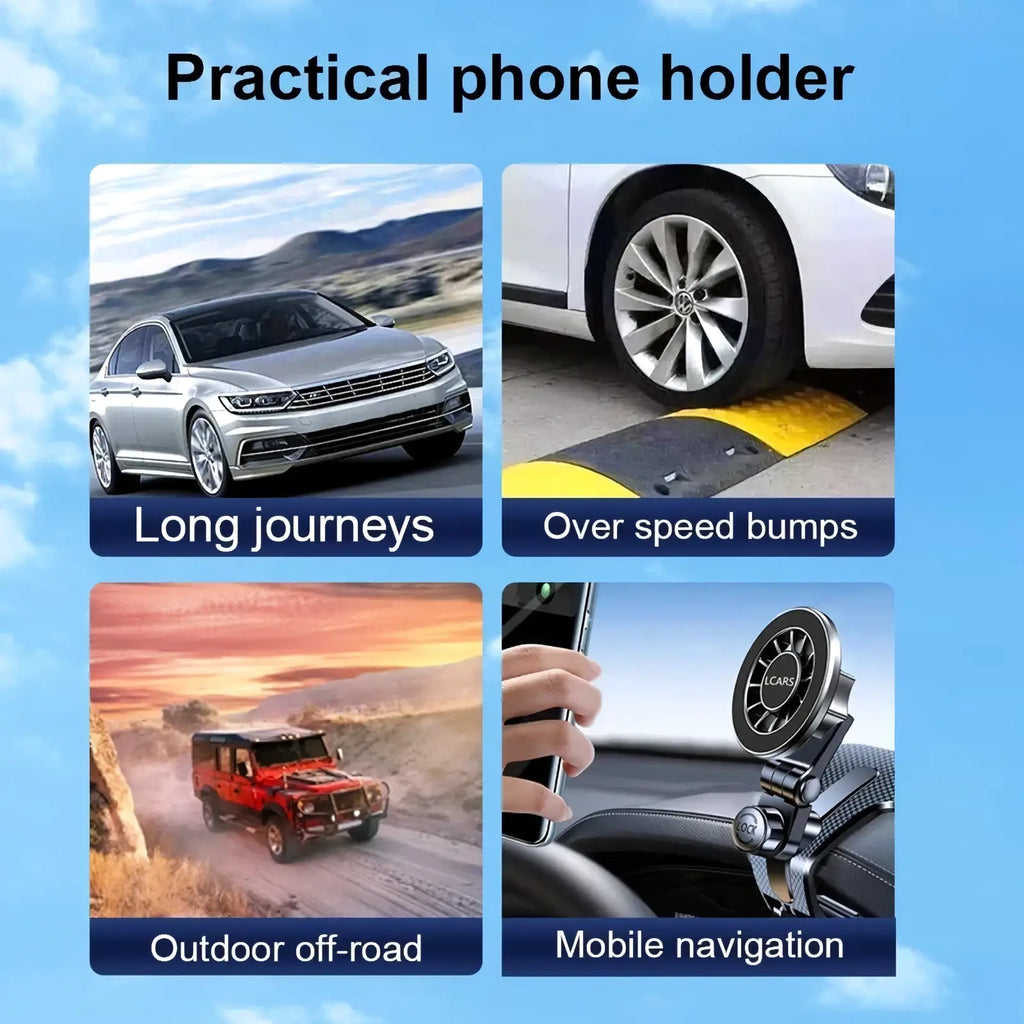 Black and silver magnetic adjustable car phone mount with circular base and arm for secure dashboard navigation holding